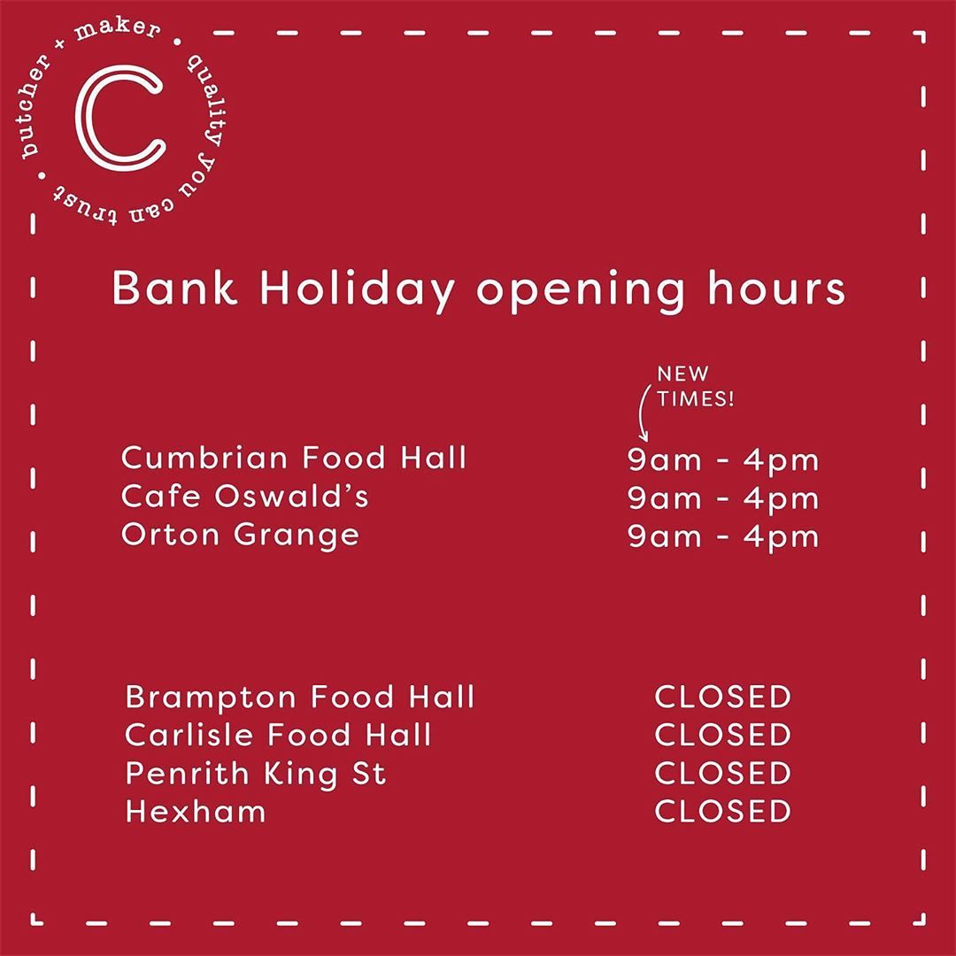 All important Bank Holiday Monday opening hours! 👏🏻
You don’t wanna miss out on a Barbecue food dash! 
Normal hours at all sites tomorrow and Sunday, please see our website for details: http://cranstons.net/store-finder/