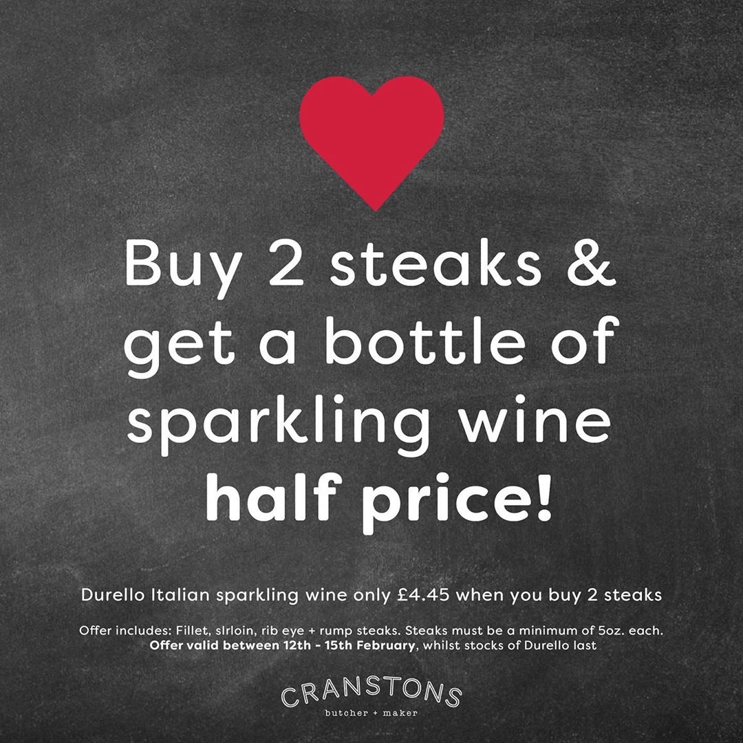 🥩+🍾= ❤️ Next Wednesday – Saturday, at our food halls, you can get a bottle of Italian sparkling wine (Durello) HALF PRICE when you buy any two steaks! 🙌

Whilst stocks of Durello last