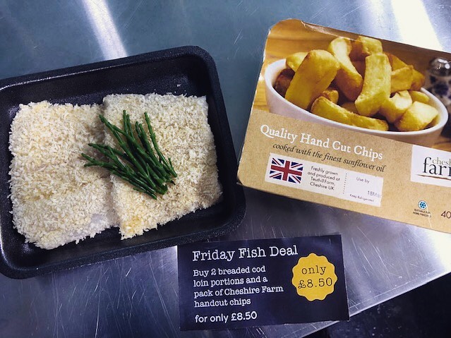Great deal not to be missed at our Cumbrian Food Hall every Friday! 
Fyne Fish Coated cod portions and Cheshire Farm chips for only £8.50 ✨ 🐟+🍟 = 😋