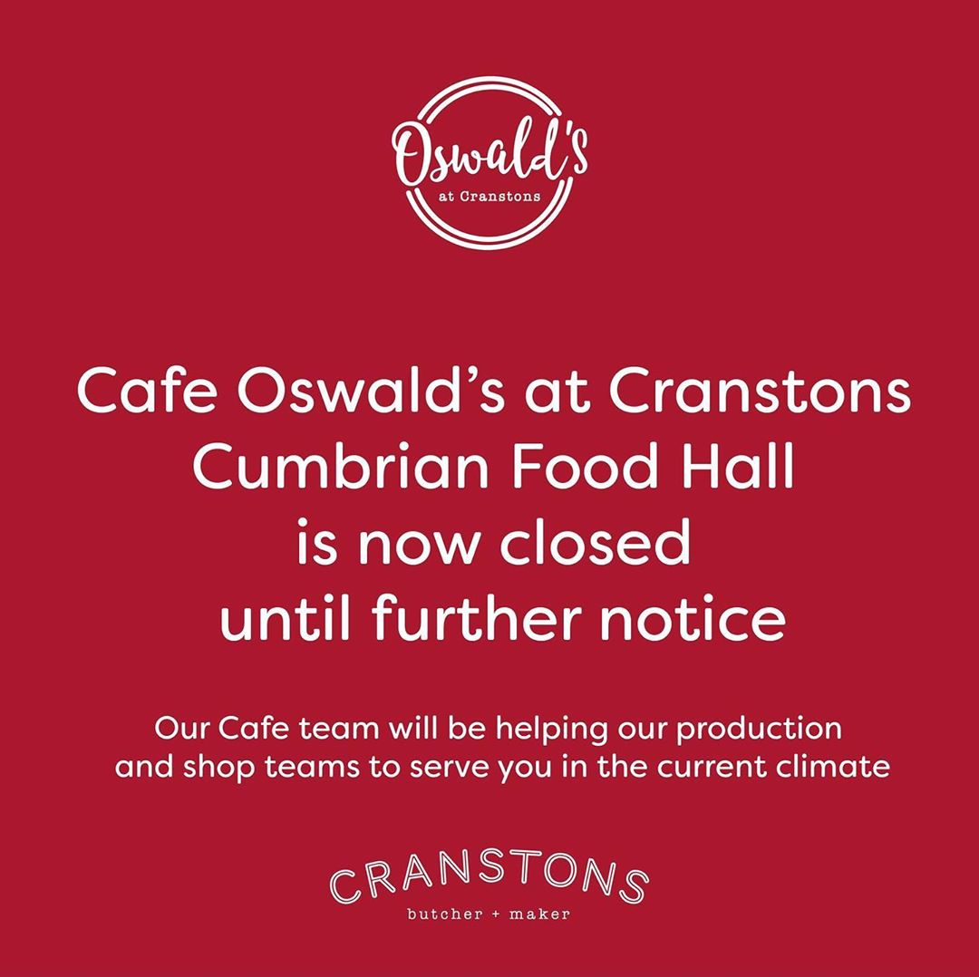 COVID-19 UPDATE 18 Mar 2020

We have taken the decision to close Cafe Oswald’s until further notice, so the Oswald’s team can support staffing levels at an extremely busy time in our shops.