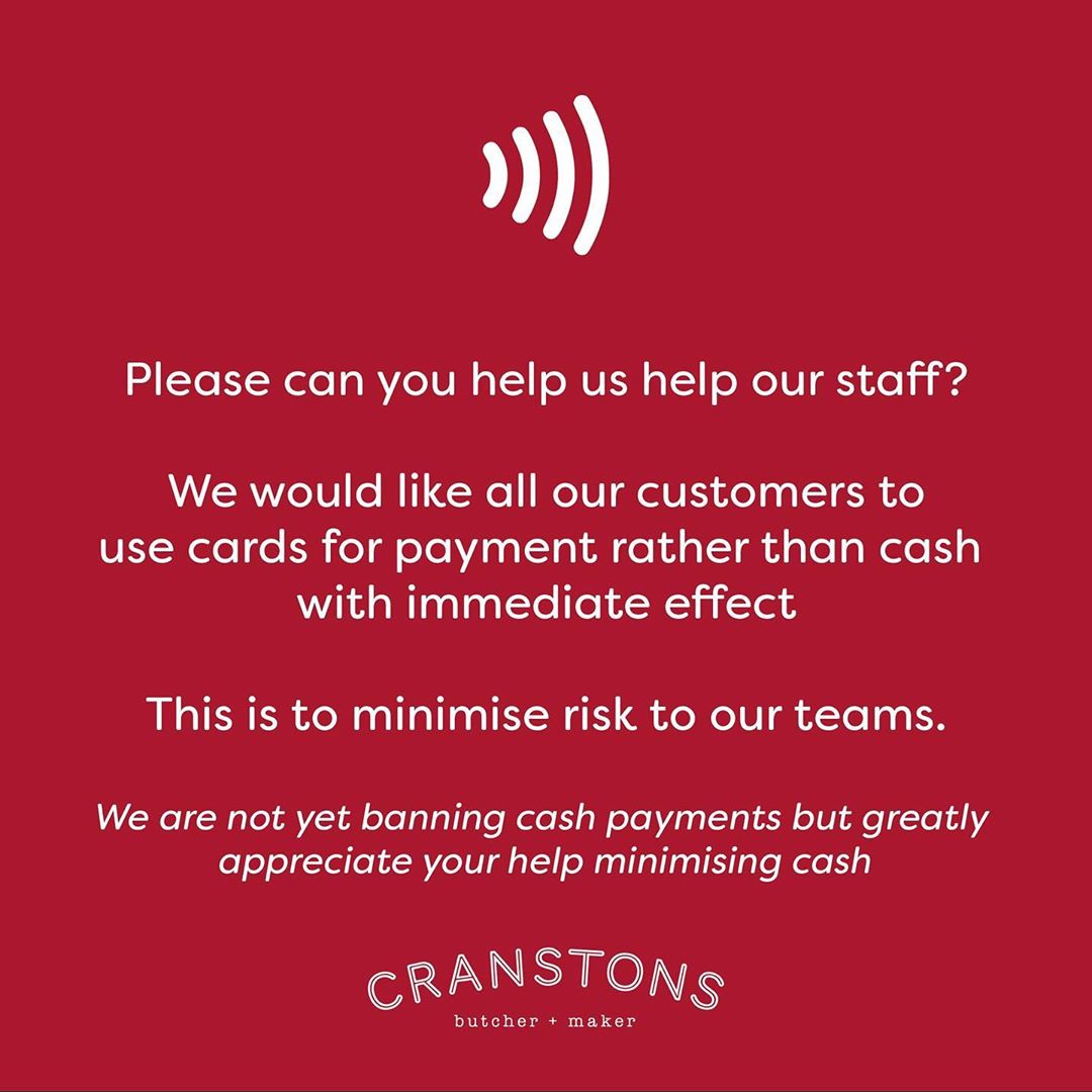 ‼️COVID-19 UPDATE 18 Mar 2020‼️ We would like you to use card (chip & pin) and contactless payments where possible when you visit our shops. 💳📱 We are reviewing the situation daily, but we are still accepting cash, as we are aware not everyone uses cards and contactless, we are just hoping to reduce cash payments in order to reduce risks to our teams. 
If you have Apple or Android Pay, there is no spend limit on contactless payments so we urge you to use this method if it’s available to you.
