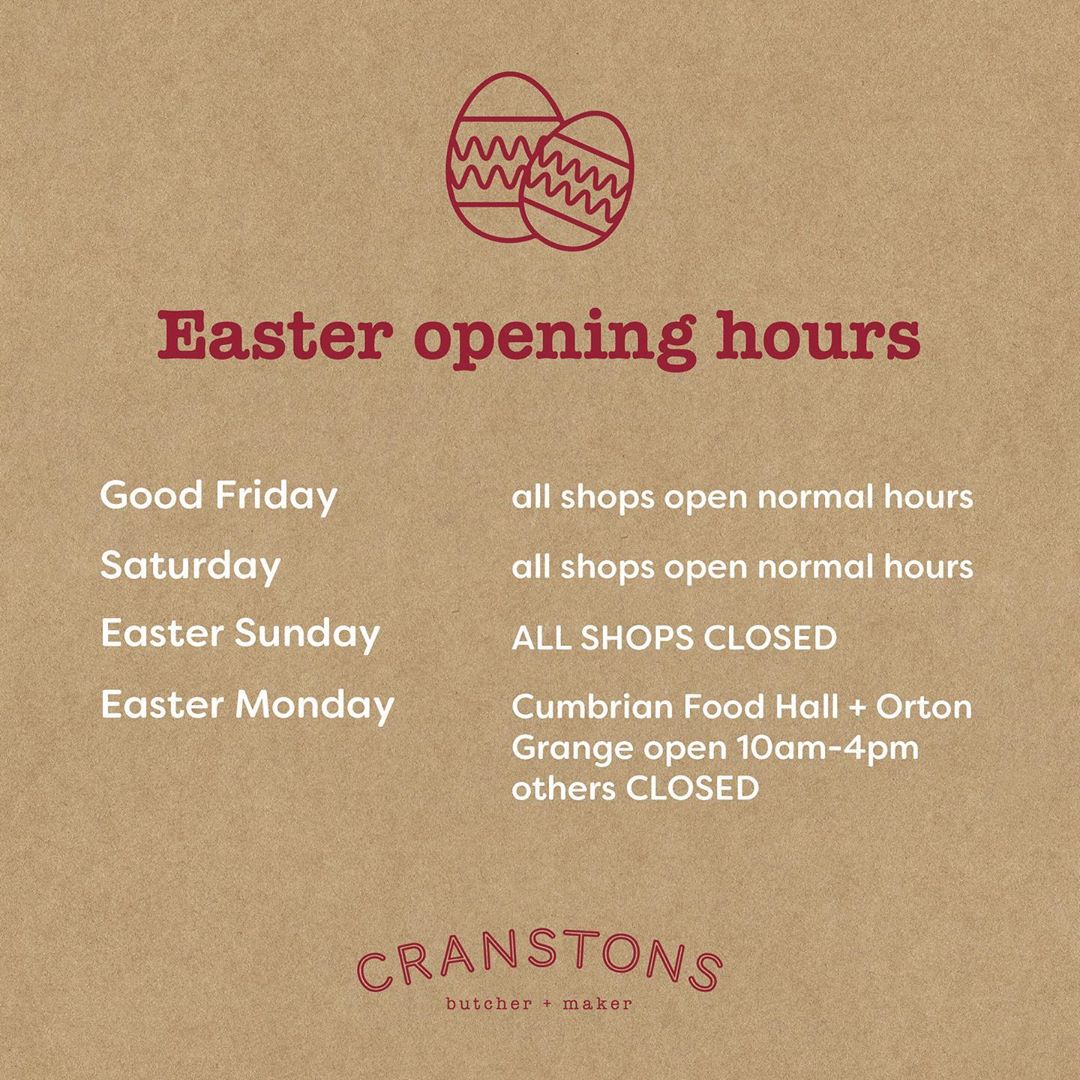 Here are our opening hours for Easter weekend! ✝️🐰 For the normal opening hours of our shops visit: http://cranstons.net/store-finder/ 
Please remember to adhere to the social distancing guidelines if you visit us.