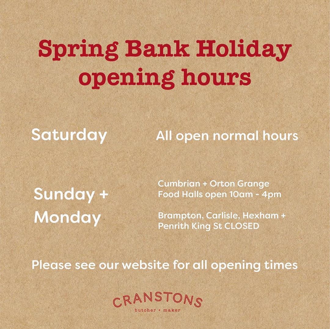 Here are our bank holiday opening hours for this weekend. ⏰

For updated opening times for each of our food halls and shops please follow this link: http://cranstons.net/store-finder/